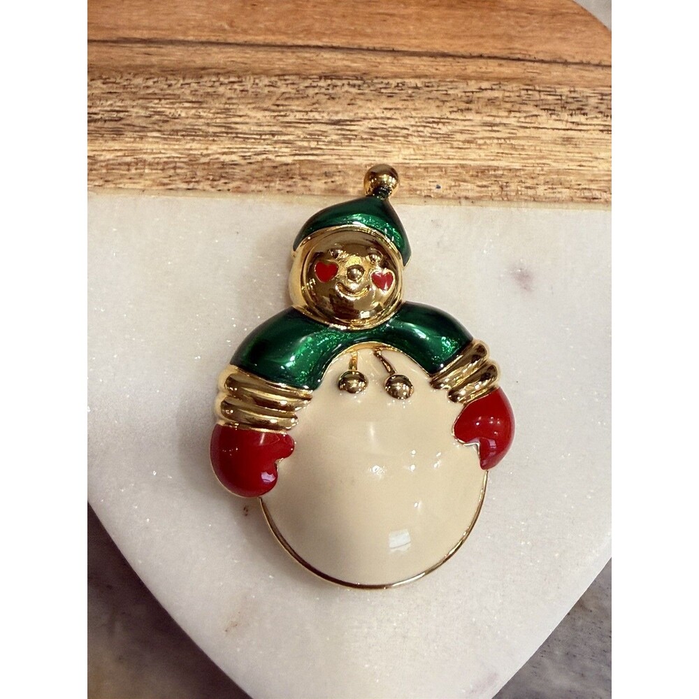 Vintage Gold Tone Snowman Brooch “Cold Hands Warm Heart” Charm Enamel Holiday